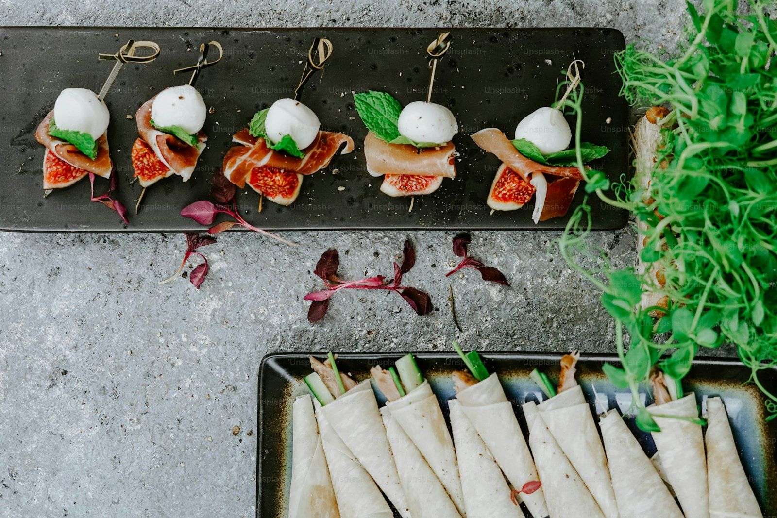 Foie gras terrine on brioche with fresh figs — luxury cold canape for private jet dining